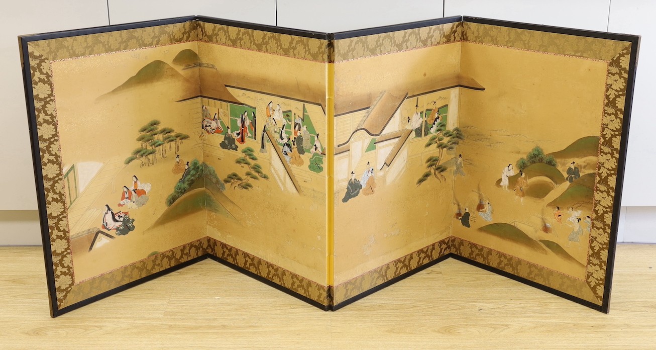 A 19th century Japanese four-leaf painted screen, later remounted, 216cm long